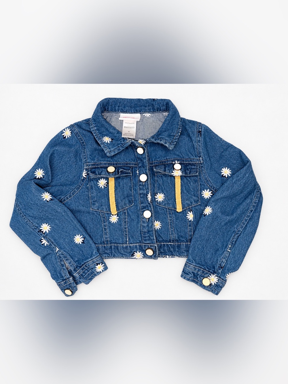Girls Size 5 Daisy Embroidered Denim Jacket Blue Cropped Floral Snap Button